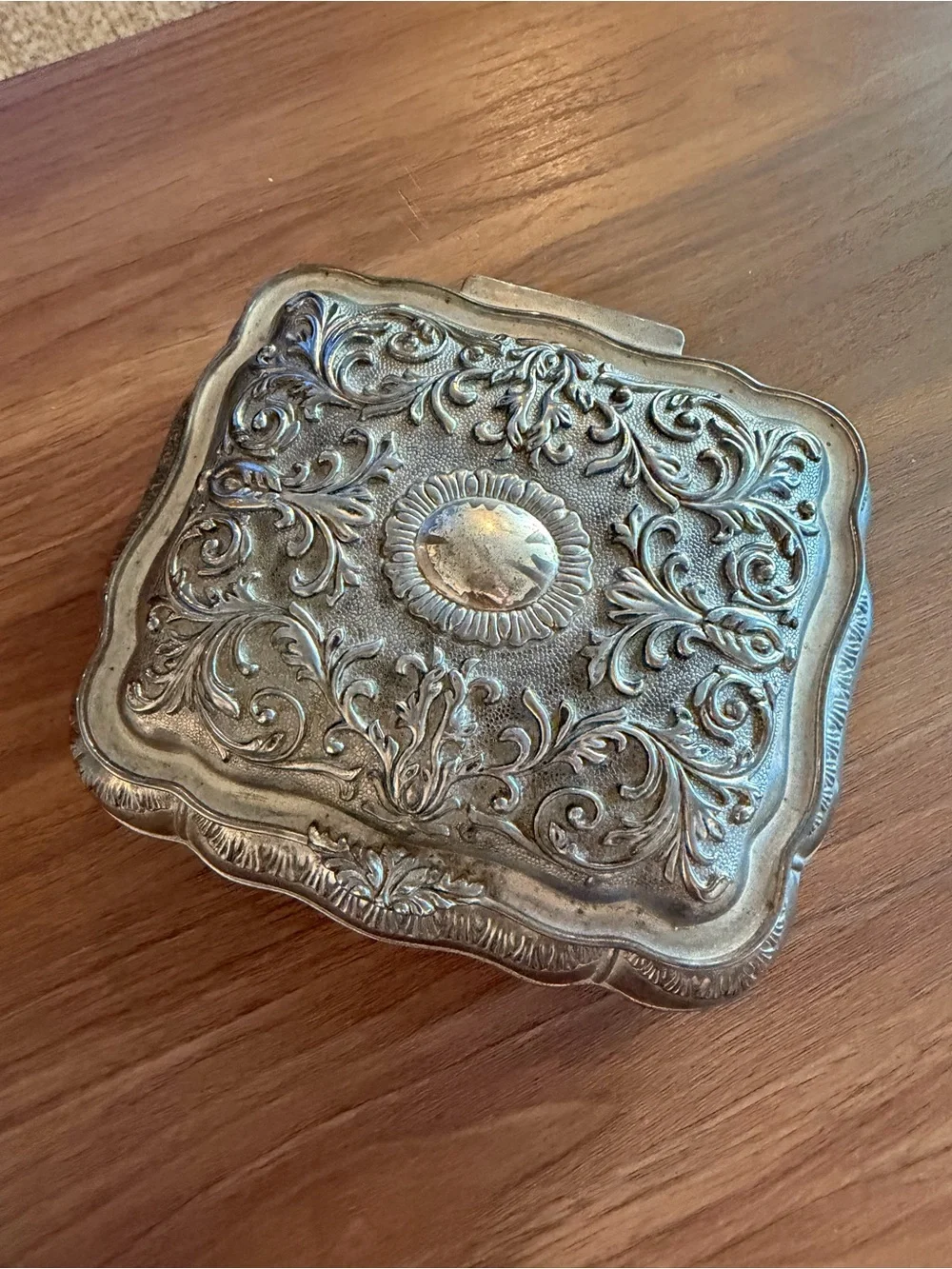 VTG Silver Plated Repousse Jewelry Trinket Box Red Velvet Lined Scroll Design